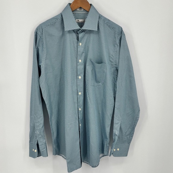 Peter Millar Crown Finish Geometric Dress Shirt Blue White Cotton Mens Large - Picture 2 of 10